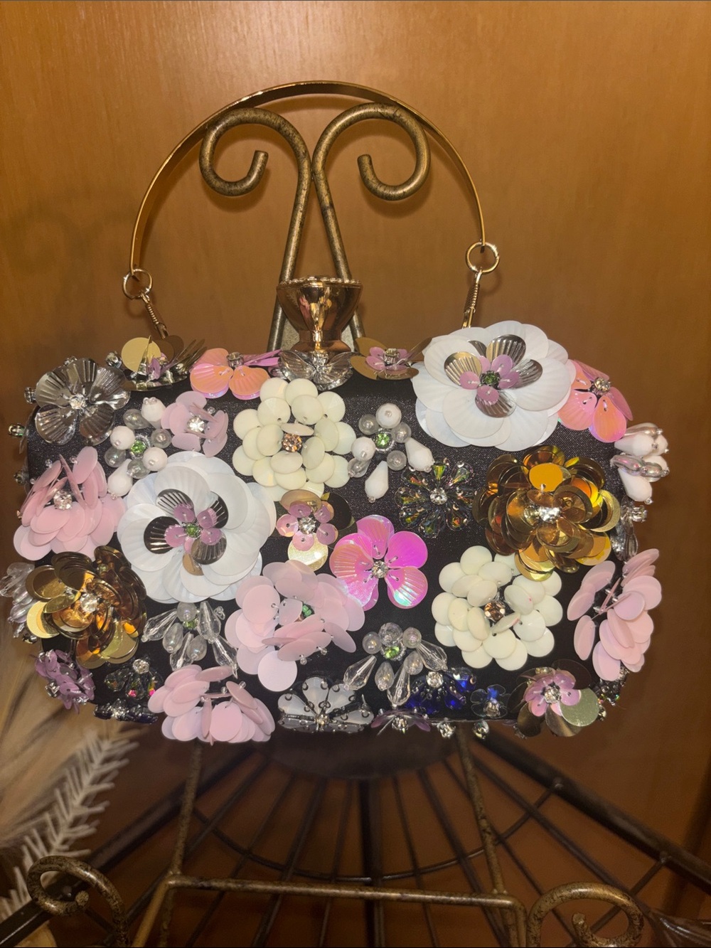 Floral Embellished Evening Clutch in Black and Pastel